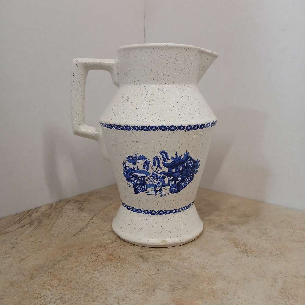 Vintage Blue Willow Ceramic Pitcher - White and Blue Decorative Home Art